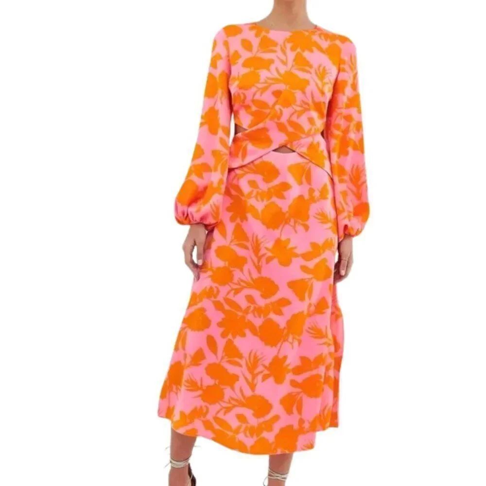 Like New Orange Floral Wrap Front Cutout Pink Midi Dress